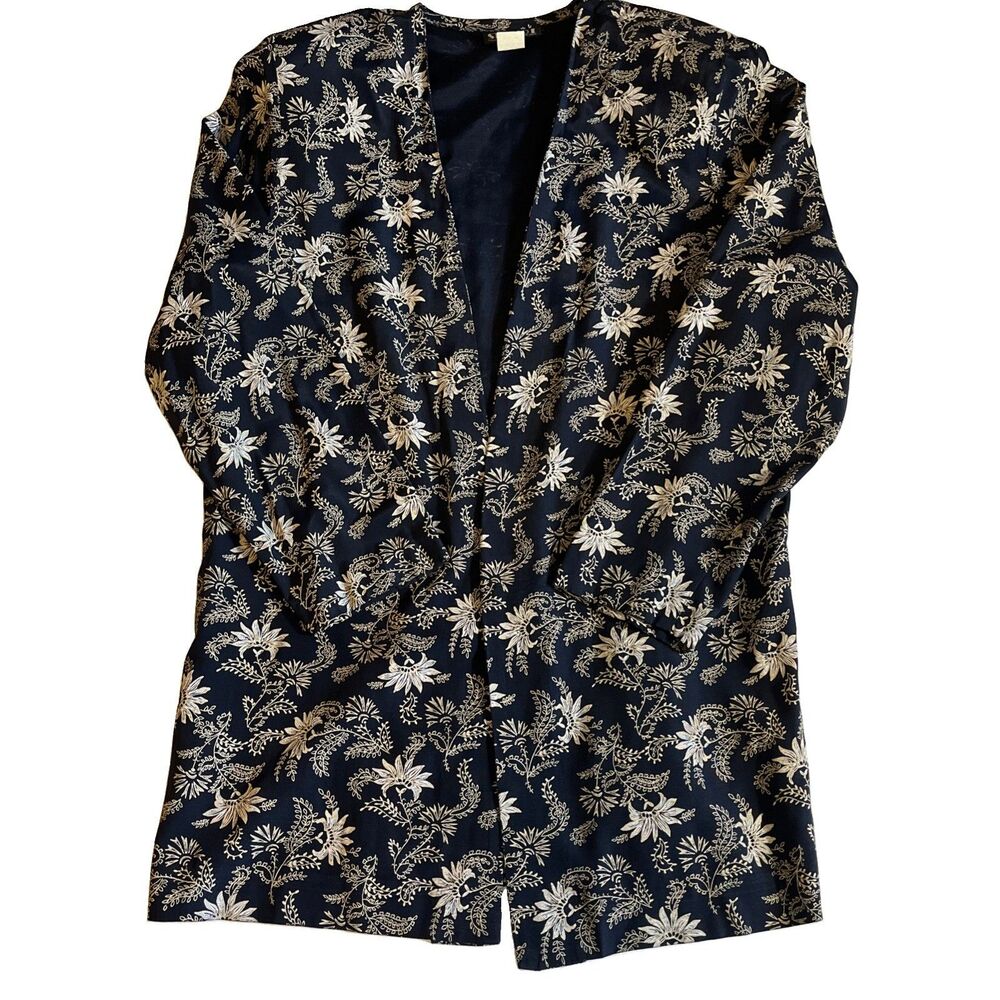 Studio I USA Open Jacket Womens 12 Black Beige Tunic Floral Long Sleeve Vintage